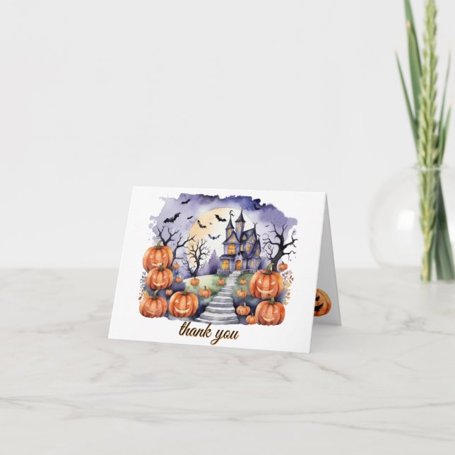 Haunted House Pumpkin Bats Halloween Baby Shower Thank You Card (Front)