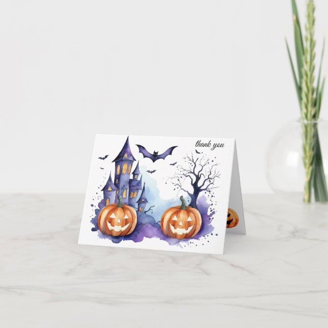 Haunted House Pumpkin Bats Halloween Baby Shower Thank You Card (Front)