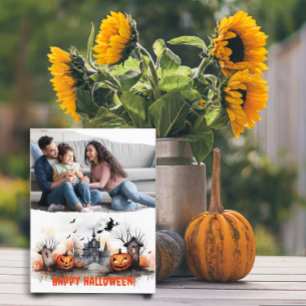 Haunted House pumpkin witch family photo  Postcard