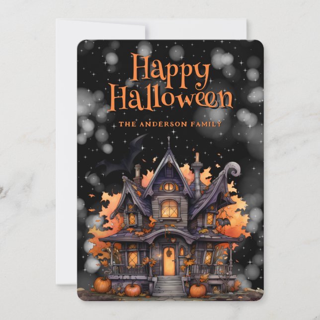 Haunted House Pumpkins Happy Halloween Card (Front)