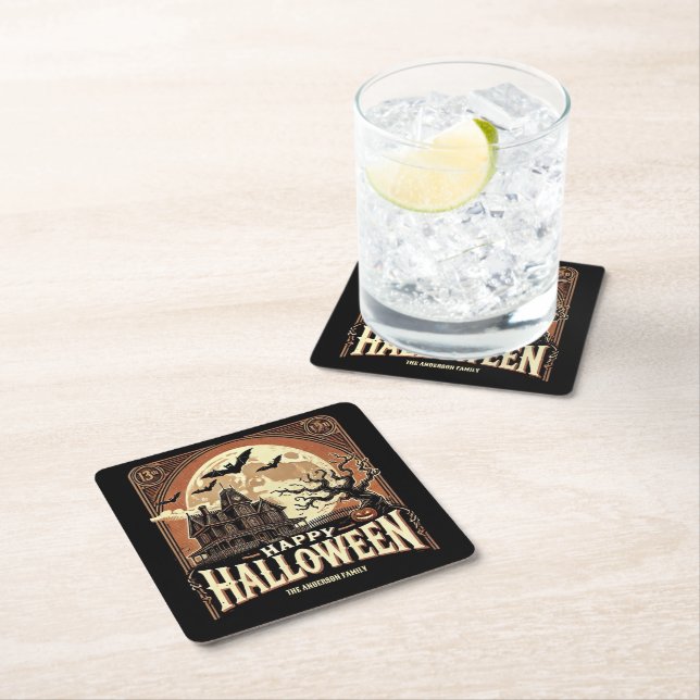 Haunted House Pumpkins Spooky Scary Halloween Square Paper Coaster (Insitu)