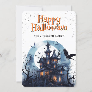 Haunted House Raven Bats Happy Halloween Card