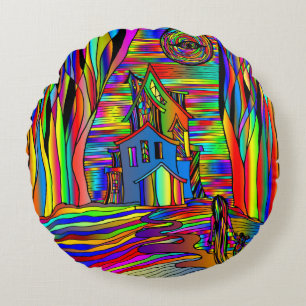 Haunted House Scary Abstract Colourful Stain Glass Round Cushion