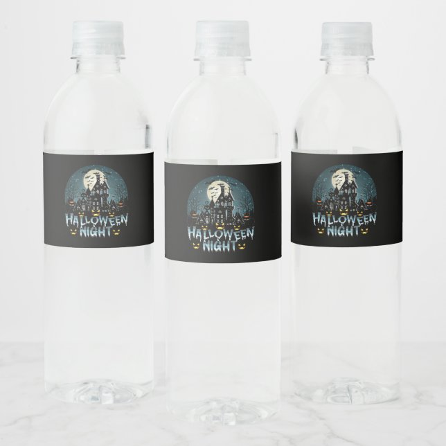 Haunted House, Scary Halloween Night Water Bottle Label (Bottles)