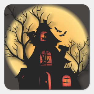 Haunted House Silhouette   Halloween Square Sticker