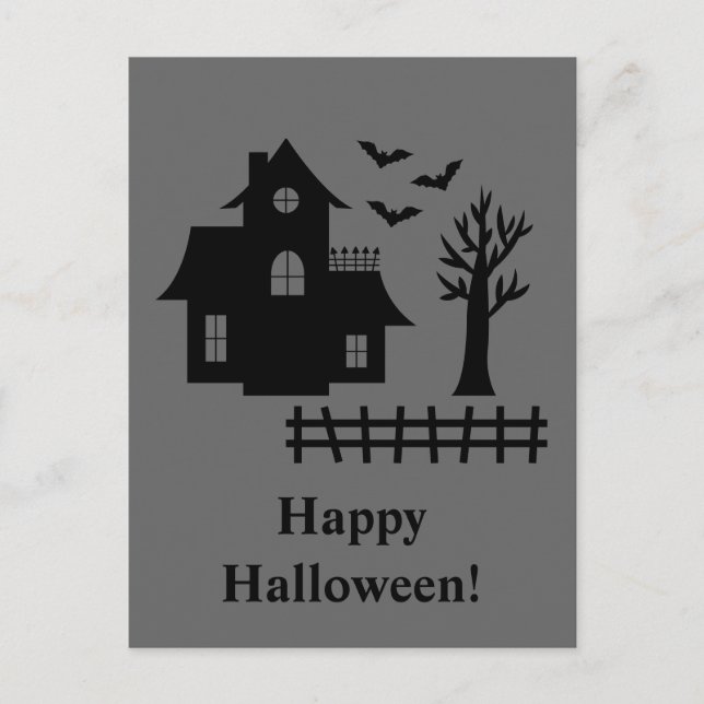 Haunted House Silhouette With Bats Grey Halloween Postcard (Front)