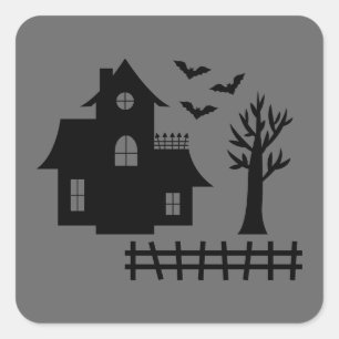 Haunted House Silhouette With Bats Grey Halloween Square Sticker
