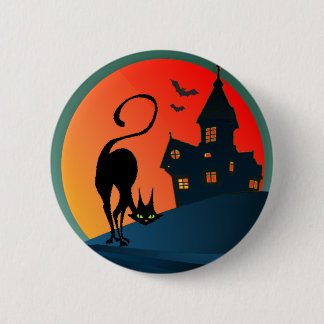 HAUNTED HOUSE, SPIDER, WEB & CAT by SHARON SHARPE 6 Cm Round Badge