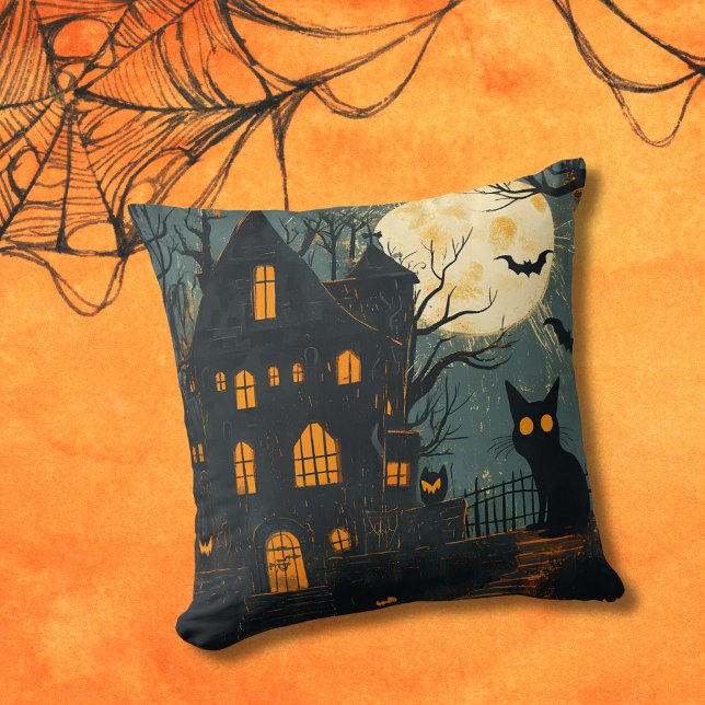 Haunted House Spooky Cat Full Moon Halloween Cushion (Creator Uploaded)