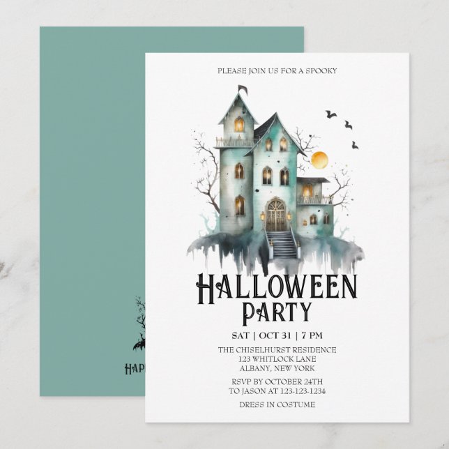 Haunted House Spooky Costume Mint Halloween Party Invitation (Front/Back)