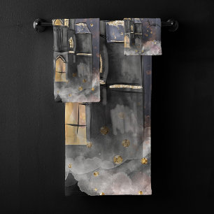 Haunted House Spooky Full Moon Tree and Bats Bath Towel Set