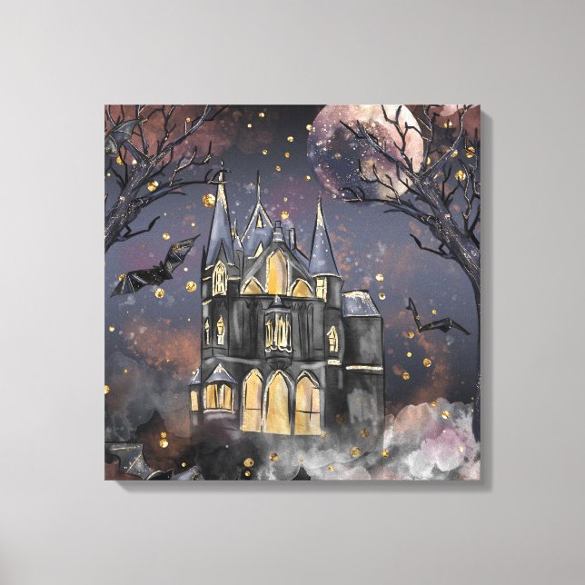 Haunted House | Spooky Full Moon Tree and Bats Canvas Print (Front)