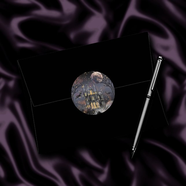Haunted House | Spooky Full Moon Tree and Bats Classic Round Sticker (Creator Uploaded)
