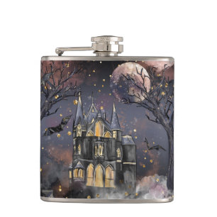 Haunted House   Spooky Full Moon Tree and Bats Hip Flask