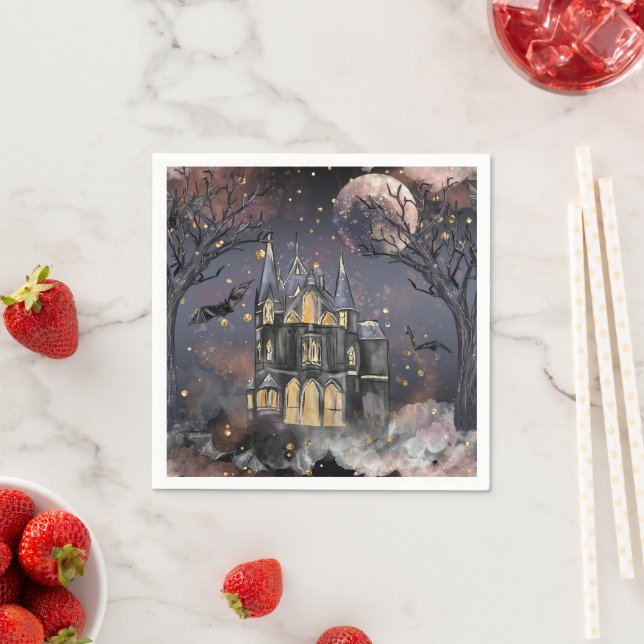 Haunted House | Spooky Full Moon Tree and Bats Napkin (Insitu)