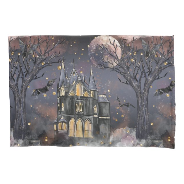 Haunted House | Spooky Full Moon Tree and Bats Pillowcase (Front)
