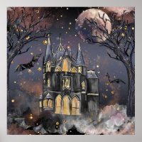 Haunted House | Spooky Full Moon Tree and Bats