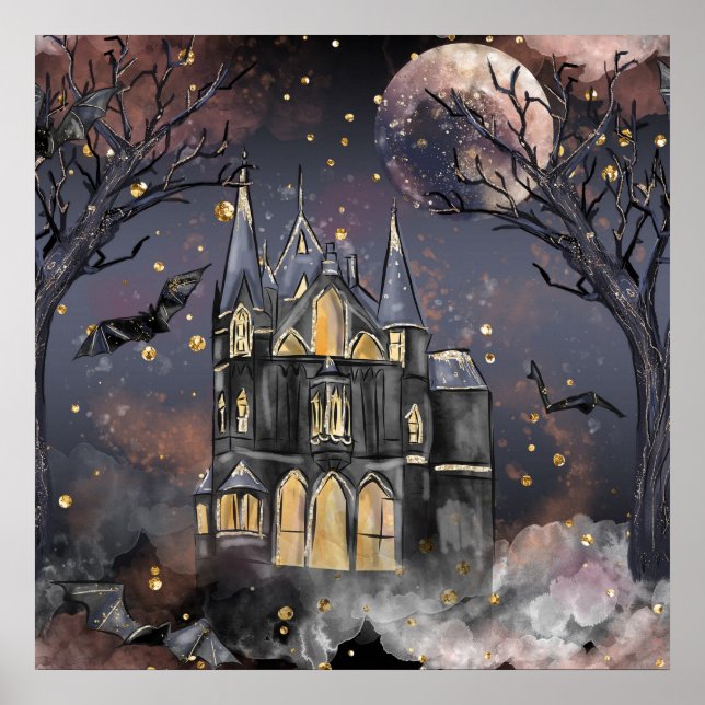 Haunted House | Spooky Full Moon Tree and Bats Poster (Front)