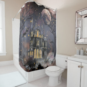 Haunted House   Spooky Full Moon Tree and Bats Shower Curtain