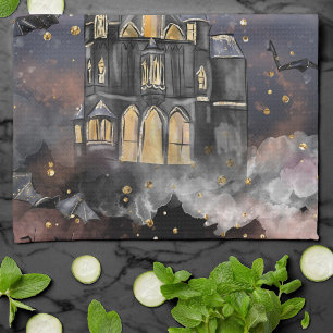 Haunted House   Spooky Full Moon Tree and Bats Tea Towel