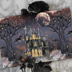 Haunted House   Spooky Full Moon Tree and Bats Tissue Paper