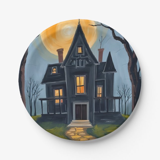 Haunted House | Spooky Halloween Party Paper Plate (Front)