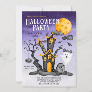 Haunted House Spooky Indigo Sky Halloween Party Invitation
