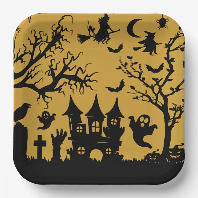 Haunted House Square  Paper Plate (Front)