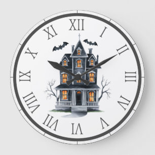 Haunted House Tree and Bats Halloween Large Clock