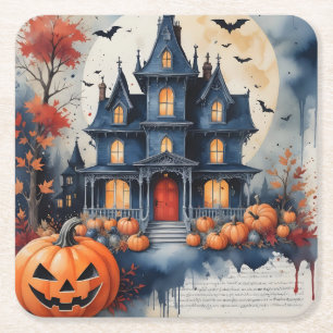 Haunted House Under the Moonlight Halloween Magic Square Paper Coaster