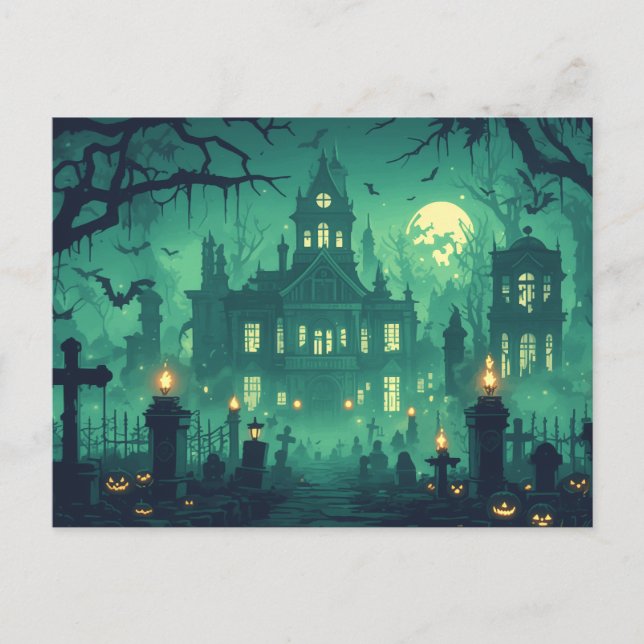 Haunted House under the Moonlight Holiday Postcard (Front)