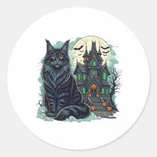 Haunted House Watcher – Maine Coon Halloween Classic Round Sticker