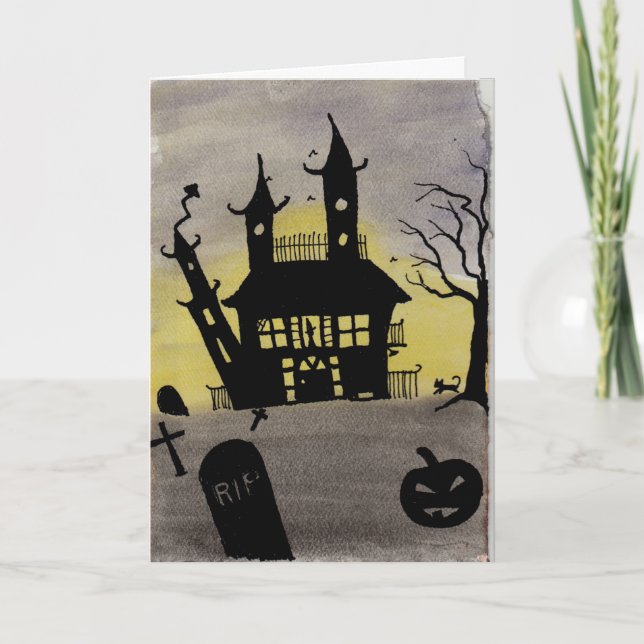 Haunted House Watercolor Halloween Card (Front)