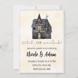 Haunted House Watercolor Halloween Gender Reveal Invitation