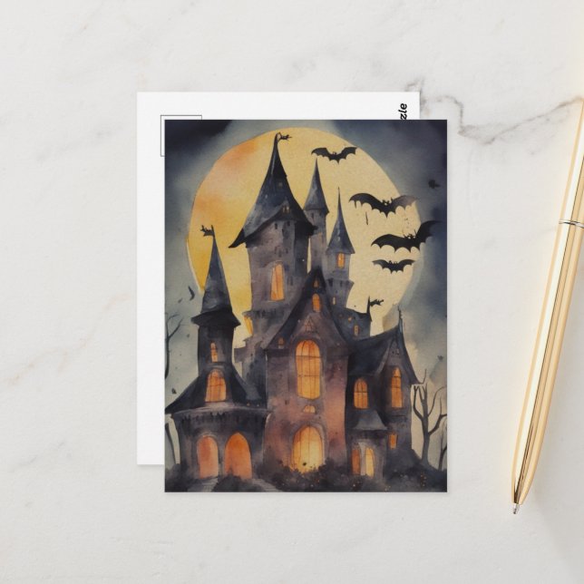 Haunted House Watercolor Postcard (Front/Back In Situ)
