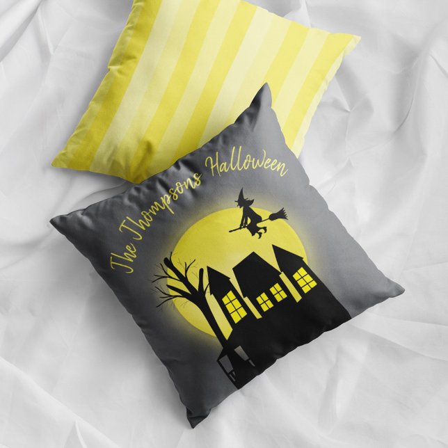 Haunted House Witch Moon Personalised Halloween Cushion (Haunted house Halloween pillow with witch flying over moon and personalized family name decor.)