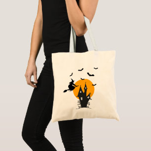Haunted House Witch Orange & Black Halloween Tote Bag