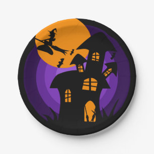 Haunted House Witch Purple Orange Halloween Party Paper Plate