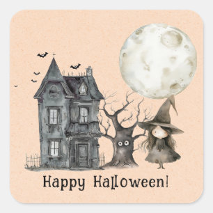 Haunted House Witch Spooky Halloween Party Square Sticker