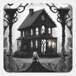 Haunted House with Creepy Ghost Lady Square Sticker