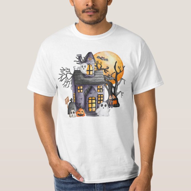 Haunted House with Ghosts and Pumpkins T-Shirt (Front)