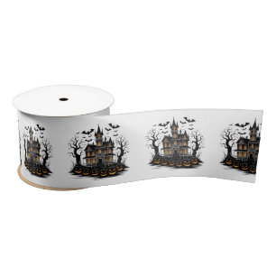 Haunted House with Pumpkins and Bats Halloween Satin Ribbon