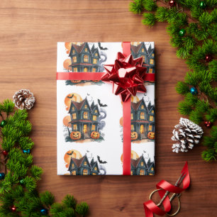 Haunted House with Pumpkins and Bats Halloween Wrapping Paper