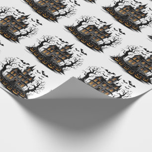 Haunted House with Pumpkins and Bats Halloween Wrapping Paper
