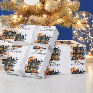 Haunted House with Pumpkins and Bats Halloween Wrapping Paper
