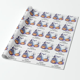 Haunted House with Pumpkins and Bats Halloween Wrapping Paper