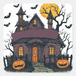 Haunted House With Pumpkins And Full Moon 🎃 Square Sticker