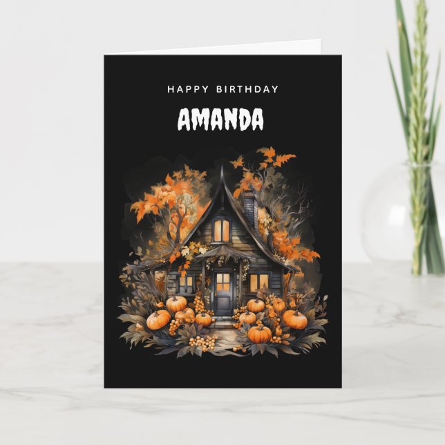 Haunted House with Pumpkins Autumn Birthday Card (Front)