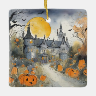 Haunted House with Pumpkins Ceramic Ornament