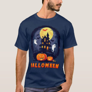 Haunted House with Pumpkins, Ghosts, and Full Moon T-Shirt
